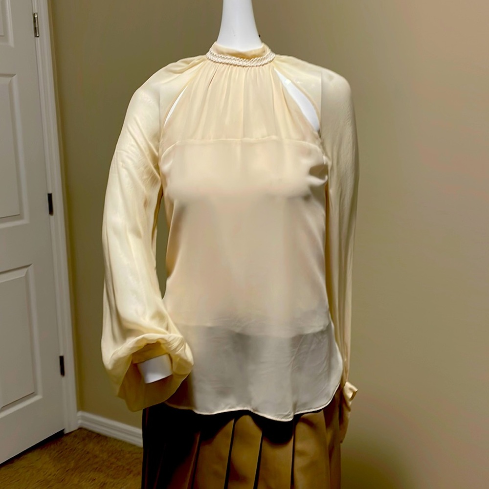 Haute Hippie Ivory Silk Chiffon Mock Neck Bell Sleeve Cut Out Blouse, Top NWOT M